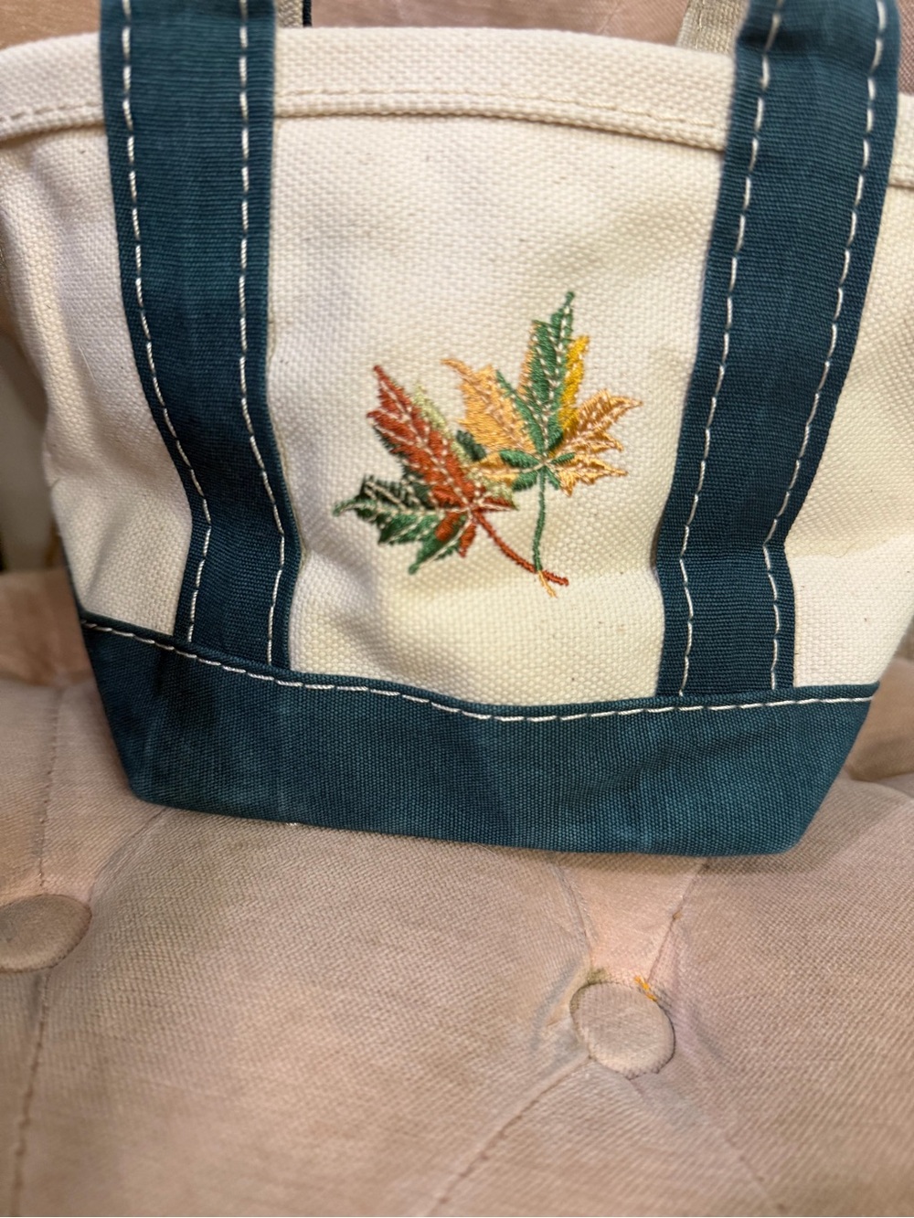 Vintage L.L. Bean Cream Mini Canvas Tote with green Trim and Embroidered Leaves - Picture 2 of 5
